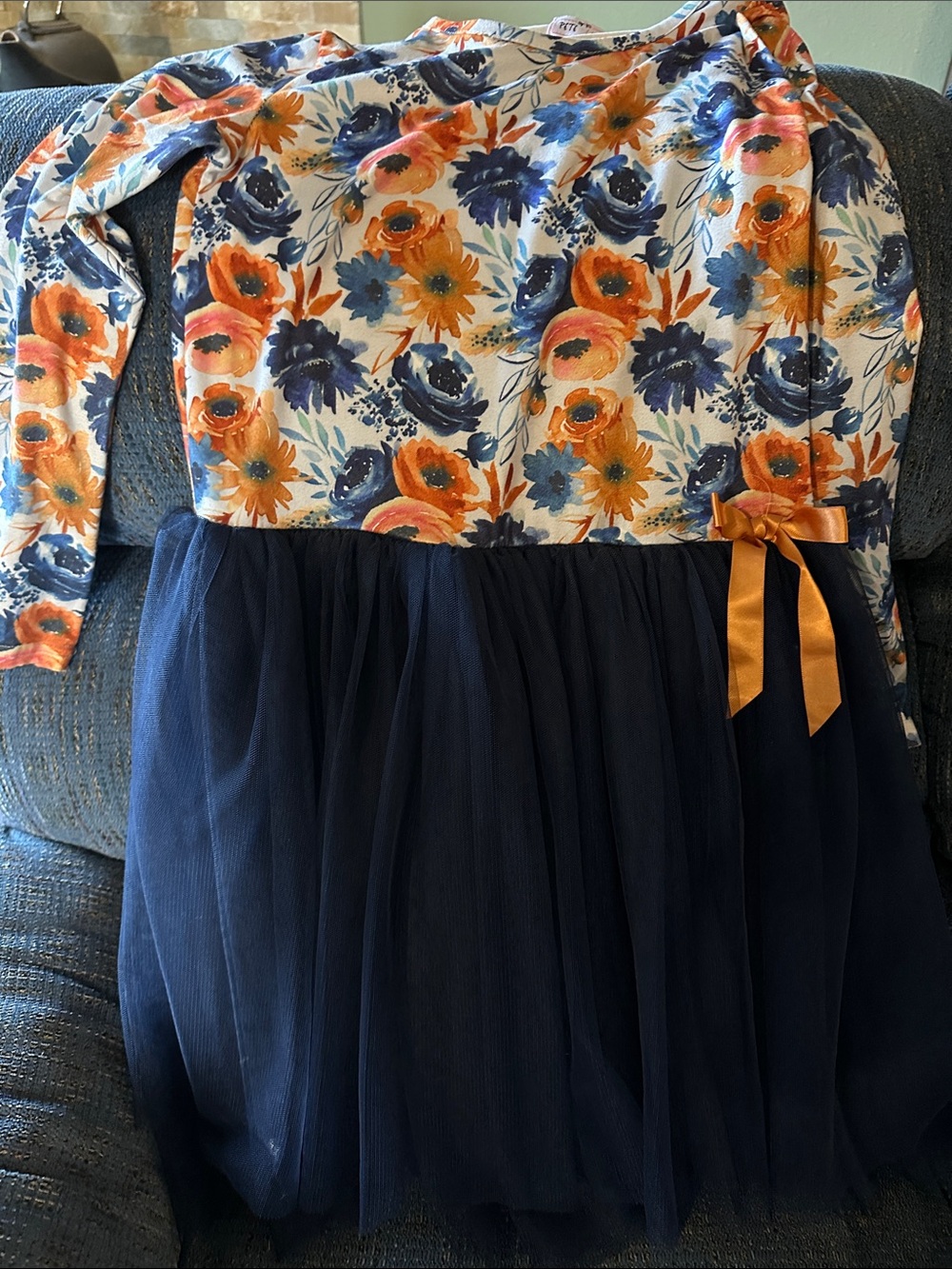 Navy Tulle Floral Dress for Girls with Orange Accents